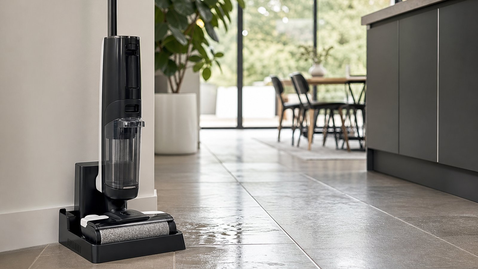 Cordless wet and dry floor cleaner on sealed hard flooring