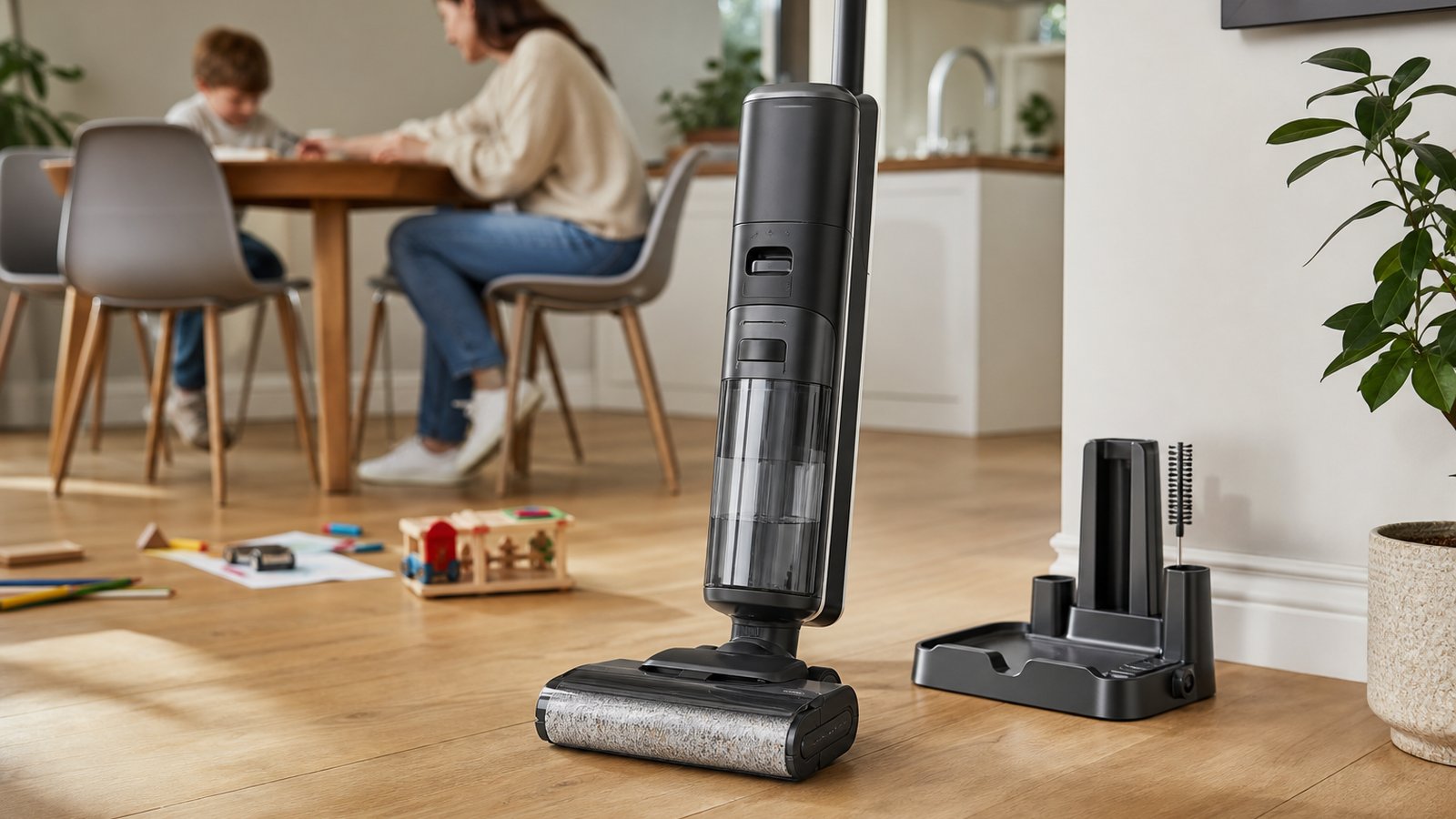 Cordless wet and dry floor cleaner on sealed hard flooring