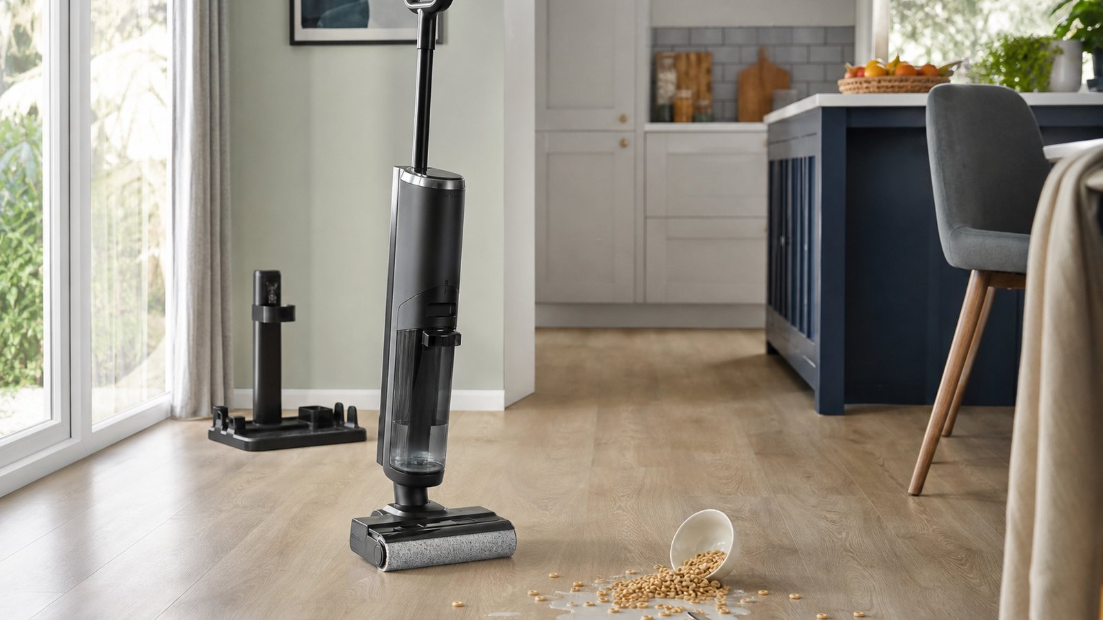 Cordless wet and dry floor cleaner on sealed hard flooring